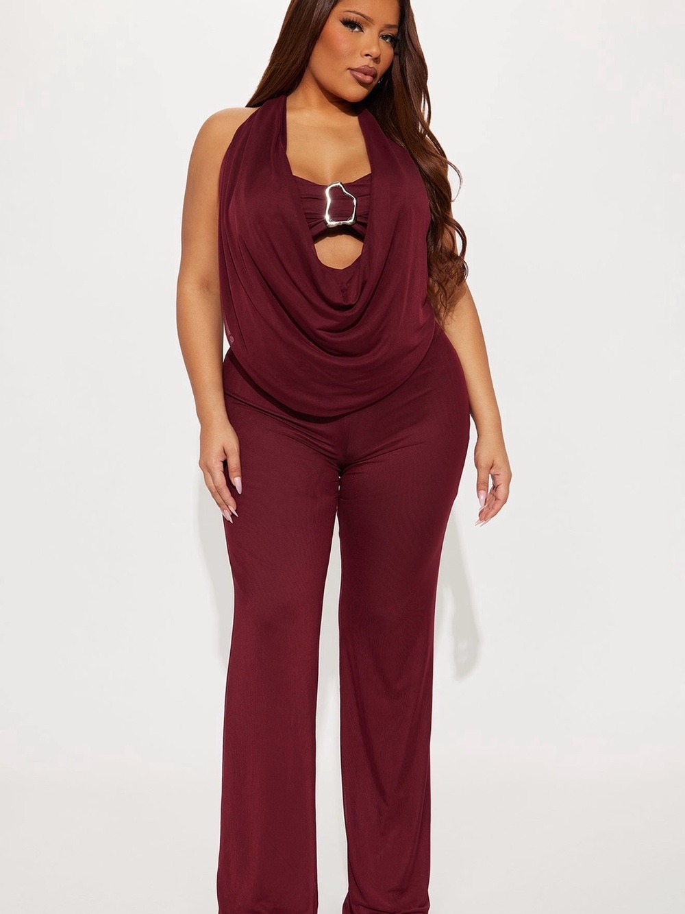 Fashion Nova Draped Halter Wide-Leg Jumpsuit in Wine